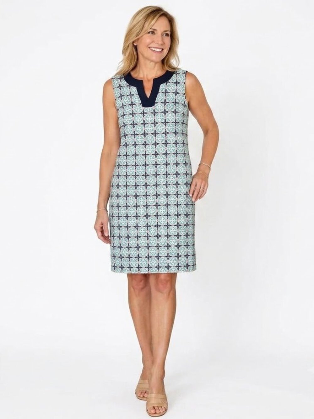 Talbots NEW Linen Blend Sleeveless Geometric Teal navy blue Shift Dress sz 10